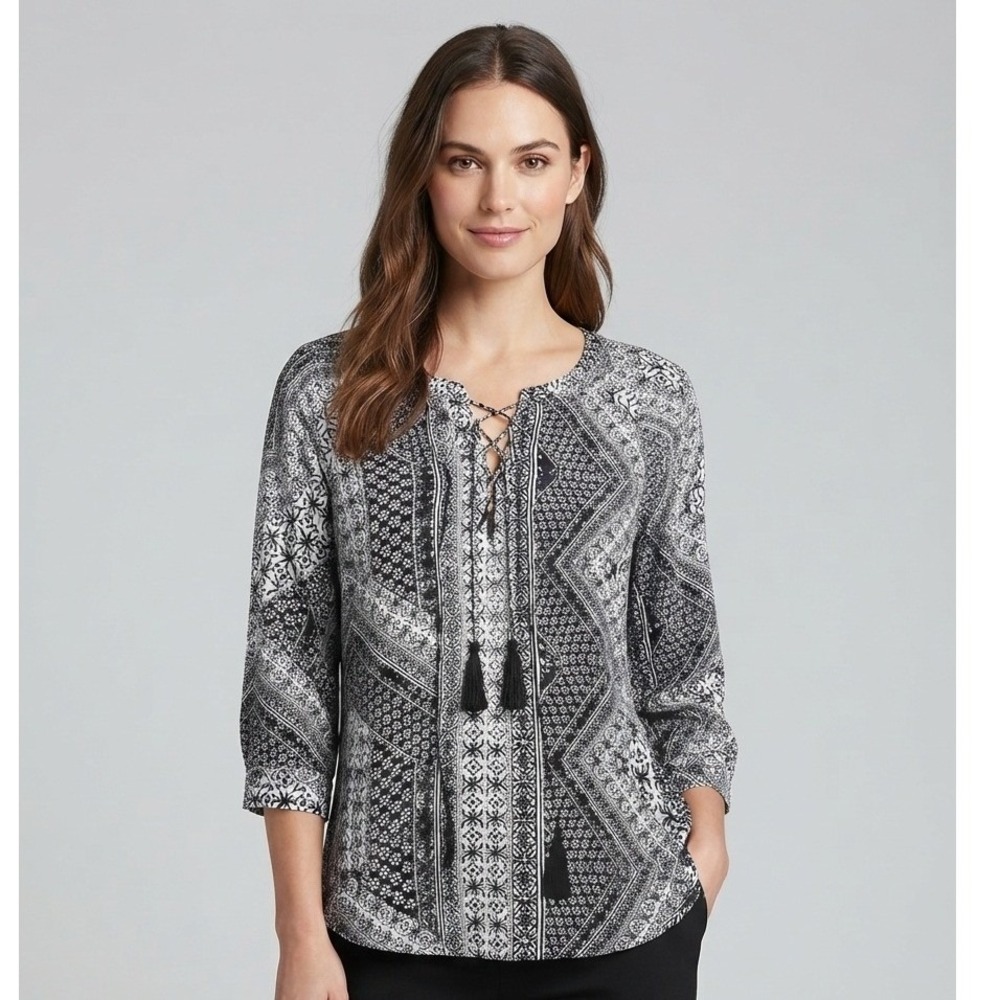 Violet + Claire Black White Geometric Print Lace Up Tassel Peasant Blouse 1X